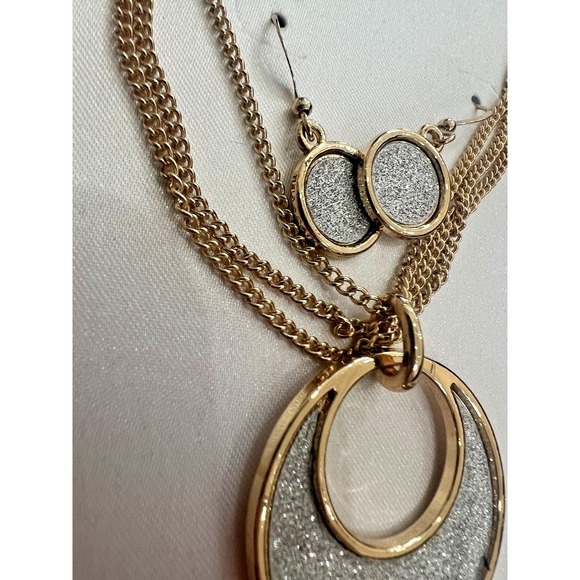 Gold Tone Necklace Earrings Set Silver Glitter Disc Statement NOS Minimal Luxe - Picture 7 of 10